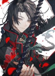 Rule 34 | 1boy, absurdres, bishounen, black coat, black hair, braid, chinese clothes, chinese commentary, coat, eyeshadow, fate/grand order, fate (series), high collar, highres, holding, holding weapon, long hair, looking at viewer, makeup, male focus, smile, solo, sqloveraven, tai gong wang (fate), weapon, whip