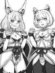 Rule 34 | 2girls, animal ear fluff, animal ears, bare shoulders, breasts, chin bell, collarbone, commentary, facial mark, gloves, greyscale, grin, hands up, highres, leotard, long hair, looking at viewer, low twintails, mio (xenoblade), monochrome, multiple girls, nia (xenoblade), open mouth, pantyhose, short hair, simple background, small breasts, smile, twintails, very long hair, white background, xenoblade chronicles (series), xenoblade chronicles 2, xenoblade chronicles 3