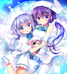 Rule 34 | 2girls, animal hat, blue eyes, blue hair, blue neckwear, blush, bow, bowtie, capelet, chestnut mouth, closed mouth, commentary request, dress, elbow gloves, eyepatch, fur-trimmed capelet, fur trim, gloves, gochuumon wa usagi desu ka?, hair between eyes, hair ornament, hat, head tilt, kafuu chino, long hair, looking at viewer, looking to the side, low twintails, multiple girls, pantyhose, parted lips, pom pom (clothes), purple eyes, purple hair, rabbit hat, sasai saji, sidelocks, sleeveless, sleeveless dress, snowflake hair ornament, snowflakes, stuffed animal, stuffed rabbit, stuffed toy, tedeza rize, twintails, very long hair, white capelet, white dress, white gloves, white hat, white legwear, x hair ornament