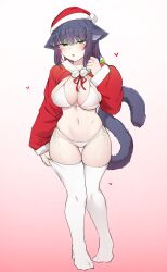 Rule 34 | 1girl, :o, absurdres, animal ears, arknights, bikini, black hair, blush, breasts, cat ears, cat tail, christmas, commentary, full body, gradient background, green eyes, hat, highres, jessica (arknights), k0ng, large breasts, long sleeves, looking at viewer, navel, no shoes, parted lips, pink background, pom pom (clothes), santa hat, short hair, shrug (clothing), side-tie bikini bottom, solo, standing, stomach, swimsuit, tail, thighhighs, thighs, white bikini, white thighhighs