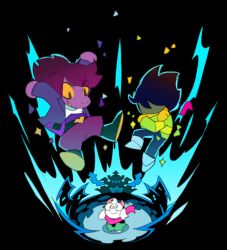 Rule 34 | 1boy, 1girl, 1other, brown hair, buckle, chibi, cloak, colored skin, deltarune, falling, glasses, goat horns, heart, heart-shaped buckle, horns, jacket, kris (deltarune), looking up, purple hair, purple skin, ralsei, scarf, shirt, smile, striped clothes, striped shirt, susie (deltarune), temmie chang, transformation