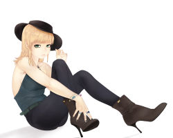 Rule 34 | 1girl, absurdres, alternate costume, armpit crease, belt, black hat, black pants, blonde hair, blue shirt, boots, bracelet, breasts, brown footwear, charm (object), closed mouth, commentary request, contemporary, full body, green belt, green eyes, hat, high heel boots, high heels, highres, jewelry, looking at viewer, medium breasts, medium hair, mizuhashi parsee, pants, pointy ears, ring, sakai-saka, shirt, sideboob, simple background, sitting, sleeveless, sleeveless shirt, solo, touhou, white background