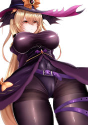 Rule 34 | 1girl, absurdres, alternate costume, anpanmen (anpanmenkosian), azur lane, bare shoulders, bat wings, belt, belt buckle, black hat, black leotard, black pantyhose, blonde hair, bow, breasts, breasts apart, buckle, cameltoe, closed mouth, covered erect nipples, covered navel, dress, eyes visible through hair, from below, frown, hair between eyes, hair ornament, hat, highres, jack-o&#039;-lantern, jack-o&#039;-lantern hair ornament, large breasts, leotard, long hair, looking down, nelson (azur lane), nelson (luna witch) (azur lane), no bra, orange bow, orange ribbon, pantyhose, purple belt, purple dress, purple pantyhose, red eyes, ribbon, simple background, thigh strap, thighs, very long hair, wings, witch hat