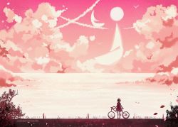 Rule 34 | 1girl, bicycle, boat, bush, cloud, cloudy sky, commentary, from behind, full moon, grass, larienne, monochrome, moon, ocean, original, outdoors, pink theme, sailboat, scenery, short hair, silhouette, sky, solo, star (sky), starry sky, watercraft, watermark, web address