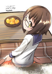 Rule 34 | 10s, 1girl, ass, bad id, bad pixiv id, bespectacled, brown eyes, brown hair, glasses, kantai collection, nekobaka, short hair, simple background, solo, yukikaze (kancolle)
