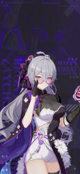 Rule 34 | 1girl, arm strap, black gloves, black thighhighs, breasts, bronya zaychik, bronya zaychik (silverwing: n-ex), character name, chinese commentary, closed mouth, drill hair, elbow gloves, english text, gloves, grey eyes, hair between eyes, happy birthday, highres, honkai (series), honkai impact 3rd, large breasts, long hair, looking at viewer, official alternate costume, official art, official wallpaper, open hand, round eyewear, smile, solo, thighhighs, thighs, upper body
