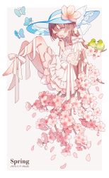 Rule 34 | 1girl, absurdres, barefoot, bird, blue hat, brown hair, cherry blossoms, dress, flower, flower over mouth, hat, hat flower, highres, holding, holding flower, japanese white-eye, original, petals, pink eyes, pink flower, ribbon, see-through, see-through sleeves, shiraho (color-56), solo, sun hat, white ribbon