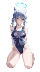 Rule 34 | 1girl, absurdres, animal ear fluff, animal ears, bare arms, bare legs, bare shoulders, barefoot, black one-piece swimsuit, blue archive, blue eyes, blue halo, blush, breasts, chinese commentary, commentary request, competition swimsuit, covered navel, cross, cross hair ornament, extra ears, grey hair, hair ornament, halo, highleg, highleg swimsuit, highres, inverted cross, kneeling, looking at viewer, low ponytail, medium breasts, medium hair, mismatched pupils, multicolored clothes, multicolored swimsuit, official alternate costume, one-piece swimsuit, shenqi xiao hong zai nali, shiroko (blue archive), shiroko (swimsuit) (blue archive), solo, swimsuit, thighs, two-tone swimsuit, water drop, wet, white background, wolf ears