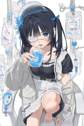 Rule 34 | absurdres, apron, bandages, barbell piercing, barefoot, black dress, black hair, blue eyes, chair, creature, dress, drinking, ear piercing, eyepatch, frilled apron, frills, grey jacket, highres, industrial piercing, intravenous drip, jacket, jacket partially removed, jellyfish, legs up, long hair, maid, mashiro kta, off shoulder, original, piercing, simple background, syringe, twintails, white apron, white background