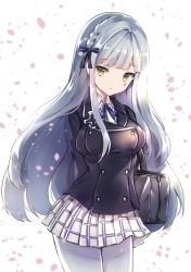 Rule 34 | 1girl, arms behind back, bag, black bow, black jacket, blazer, blunt bangs, blush, bow, braid, breasts, buttons, closed mouth, collared shirt, double-breasted, facial mark, girls&#039; frontline, green eyes, hair bow, head tilt, hk416 (girls&#039; frontline), jacket, long hair, looking at viewer, medium breasts, melings (aot2846), pantyhose, plaid, plaid skirt, pleated skirt, purple bow, revision, school bag, school uniform, shirt, skirt, solo, striped, striped bow, very long hair, white background, white pantyhose, white shirt, white skirt