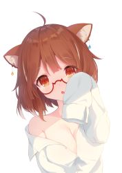 Rule 34 | 1girl, ahoge, bad id, bad pixiv id, blush, breasts, brown hair, cleavage, commentary, dress shirt, earrings, glasses, highres, jewelry, large breasts, looking at viewer, naked shirt, nijisanji, off shoulder, open mouth, orange eyes, ratna petit, red-framed eyewear, red panda ears, semi-rimless eyewear, shirt, simple background, sleeves past fingers, sleeves past wrists, solo, under-rim eyewear, upper body, virtual youtuber, white background, white shirt, yumenone (conectarts)