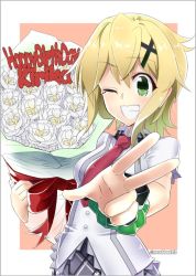 Rule 34 | 1girl, akatsuki kirika, birthday, blonde hair, blush, bouquet, breasts, character name, commentary request, english text, flower, green eyes, hair ornament, happy birthday, looking at viewer, lydian academy school uniform, medium breasts, necktie, noseblood113, one eye closed, outstretched arm, parted lips, school uniform, senki zesshou symphogear, shiny skin, short hair, short sleeves, smile, solo, teeth, v, x hair ornament