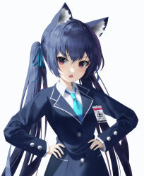 Rule 34 | 1girl, absurdres, alpha beast, animal ear fluff, animal ears, blue archive, blue hair, blue jacket, blue necktie, blue ribbon, cat ears, collared shirt, fang, hair between eyes, hair ribbon, hands on own hips, highres, jacket, long hair, long sleeves, looking at viewer, necktie, open mouth, red eyes, ribbon, serika (blue archive), shirt, simple background, skin fang, solo, twintails, upper body, very long hair, white background, white shirt, wing collar