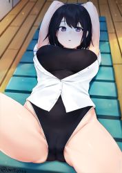 Rule 34 | 1girl, anti (0324), arms behind head, black hair, black one-piece swimsuit, blush, breasts, cameltoe, groin, highleg, highres, looking at viewer, lying, mole, mole under eye, on back, one-piece swimsuit, original, parted lips, purple eyes, short hair, solo, spread legs, swimsuit, teeth