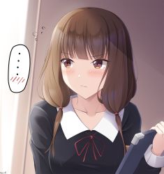 Rule 34 | ..., 1girl, black dress, blush, brown eyes, brown hair, clipboard, closed mouth, collared dress, commentary request, commission, dress, flying sweatdrops, hair over shoulder, hand up, highres, holding, iino miko, kaguya-sama wa kokurasetai ~tensai-tachi no renai zunousen~, keenh, long hair, looking away, looking to the side, low twintails, neck ribbon, red ribbon, ribbon, school uniform, shuuchiin academy school uniform, solo, spoken blush, spoken ellipsis, twintails, wavy mouth