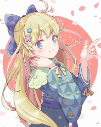 Rule 34 | 1girl, alternate costume, blonde hair, blue bow, blue eyes, blue robe, blush stickers, bow, cherry blossoms, eyelashes, falling petals, flower ornament, hair bow, hair ornament, highres, jazz grace, long hair, long sleeves, looking at viewer, petals, puyopuyo, ribbon, robe, smile, solo, split mouth, witch (puyopuyo), yellow ribbon
