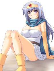 Rule 34 | 1girl, abu, arm support, blue hair, boots, breasts, cape, chunsoft, circlet, cleavage, dragon quest, dragon quest iii, elbow gloves, enix, female focus, gloves, gradient background, large breasts, legs, long hair, panties, pantyshot, purple eyes, sage (dq3), sitting, solo, underwear, white background