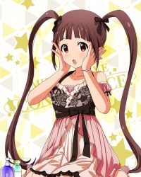 Rule 34 | 1girl, bare shoulders, black ribbon, blunt bangs, blush, bracelet, breasts, brown eyes, brown hair, collarbone, cosmetics, detached sleeves, dot nose, floral print, frilled negligee, frills, hair ribbon, halterneck, hands on own cheeks, hands on own face, idolmaster, idolmaster million live!, idolmaster million live! theater days, jewelry, layered nightgown, long hair, matsuda arisa, official alternate costume, official art, open mouth, pink negligee, puffy detached sleeves, puffy sleeves, ribbon, ribbon-trimmed sleeves, ribbon trim, rose print, sexy beautiful (idolmaster), sidelocks, sitting, small breasts, solo, twintails, very long hair, wariza