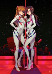 Rule 34 | 2girls, absolum art, absurdres, bident, bodysuit, brown hair, curvy, evangelion: 3.0+1.0 thrice upon a time, eyepatch, full body, glasses, hand on own hip, highres, lance of longinus (evangelion), long hair, looking at viewer, low twintails, makinami mari illustrious, multiple girls, neon genesis evangelion, plugsuit, polearm, pout, rebuild of evangelion, smile, souryuu asuka langley, space, standing, star (sky), tiptoes, twintails, white bodysuit