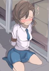 Rule 34 | 1girl, arms behind back, bdsm, blue socks, blue necktie, blue skirt, blush, bondage, bound, bound arms, breasts, brown hair, embarrassed, closed eyes, female focus, full body, gegege no kitarou, hair ornament, hairclip, have to pee, highres, indoors, inuyama mana, japanese text, kneehighs, long sleeves, medium breasts, muroi (fujisan0410), necktie, nose blush, pleated skirt, rope, shirt, short hair, sitting, skirt, socks, solo, sweat, tears, translated, trembling, wariza, white shirt