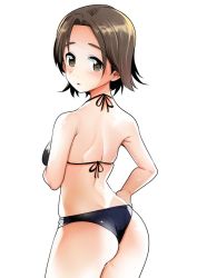Rule 34 | 1girl, :o, ass, back, bikini, black bikini, blush, breasts, brown eyes, brown hair, commentary, cowboy shot, girls und panzer, hand on own hip, looking at viewer, looking back, medium breasts, nakasone haiji, parted bangs, parted lips, sawa azusa, short hair, simple background, skindentation, solo, standing, swimsuit, wedgie, white background