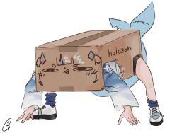 Rule 34 | 1girl, box, cardboard box, fins, fish tail, gawr gura, gawr gura (1st costume), hair ornament, highres, hololive, hololive english, in box, in container, multicolored hair, rereore 0reoooo, shark tail, simple background, solo, tail, virtual youtuber, white background