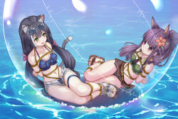 Rule 34 | 2girls, animal ear fluff, animal ears, bare shoulders, bikini, bikini skirt, bikini under clothes, black hair, blunt bangs, blush, bound, bubble, cat ears, cat girl, cat tail, closed mouth, collarbone, dog ears, dog girl, extra ears, eyewear on head, frilled bikini, frills, front-tie bikini top, front-tie top, green bikini, green eyes, grey-framed eyewear, haimei1980, halterneck, highres, in bubble, karyl (princess connect!), karyl (summer) (princess connect!), kasumi (princess connect!), kasumi (summer) (princess connect!), long hair, low twintails, multicolored hair, multiple girls, navel, necktie, ocean, open clothes, open fly, open mouth, open shorts, ponytail, princess connect!, purple eyes, purple hair, sandals, shibari, shibari over clothes, short necktie, shorts, streaked hair, sunglasses, swimsuit, tail, thigh strap, tied up (nonsexual), twintails, white shorts