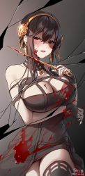 Rule 34 | 1girl, arm under breasts, artist name, bad id, bad twitter id, black dress, black hair, black thighhighs, blood, blood on breasts, blood on face, blood splatter, bloody weapon, blush, breasts, broken mirror, cleavage, crack, cracked glass, dagger, dated, dress, earrings, flower, glint, gold earrings, gold hairband, hair flower, hair ornament, hairband, highres, holding, holding dagger, holding knife, holding weapon, jewelry, knife, large breasts, looking at viewer, mirror, nail polish, open mouth, red eyes, red nails, reflection, rose, solo, spikes, spy x family, tacco (tikeworld), thighhighs, weapon, yor briar