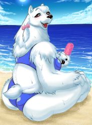 Rule 34 | artist request, brown eyes, furry, ice cream, open mouth, polar bear, swimsuit