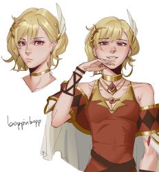 Rule 34 | absurdres, blonde hair, boppinbopp, brown dress, citrinne (fire emblem), dress, earrings, feather hair ornament, feathers, fire emblem, fire emblem engage, gold choker, gold trim, hair ornament, highres, hoop earrings, jewelry, leather wrist straps, mismatched earrings, nintendo, red eyes, wing hair ornament