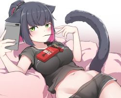 Rule 34 | 1girl, animal ears, arknights, black hair, black shirt, black shorts, brand name imitation, breasts, cat ears, cat girl, cat tail, crop top, floppy ears, food, gradient background, green eyes, groin, highres, holding, jessica (arknights), k0ng, large breasts, long hair, looking at viewer, micro shorts, midriff, mouth hold, multicolored hair, navel, phone, pocky, ponytail, reclining, shirt, short sleeves, shorts, solo, stomach, tail, two-tone hair