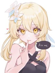 Rule 34 | 1girl, bare shoulders, black dress, blonde hair, blush, breasts, closed mouth, collarbone, dress, english text, feather hair ornament, feathers, fingernails, flower, genshin impact, grey flower, hair between eyes, hair flower, hair ornament, hand up, heart, highres, iikode23, lily (flower), long fingernails, looking at viewer, lumine (genshin impact), medium breasts, orange eyes, short hair, short hair with long locks, sidelocks, simple background, sleeveless, sleeveless dress, solo, speech bubble, upper body, white background