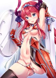 Rule 34 | 1girl, armor, armpits, bikini armor, black thighhighs, blue eyes, breasts, elizabeth bathory (brave) (fate), elizabeth bathory (fate), fate/grand order, fate (series), fukuda shuushi, gauntlets, highres, holding, holding shield, holding sword, holding weapon, horns, long hair, looking at viewer, medium breasts, navel, open mouth, pink hair, red armor, shield, smile, solo, sword, thighhighs, weapon