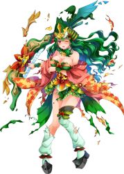 Rule 34 | 1girl, ;o, bare shoulders, bow (weapon), breasts, broken, broken weapon, cleavage, detached sleeves, full body, green hair, green skirt, holding, holding bow (weapon), holding weapon, kanna (chaos966), large breasts, long hair, official art, one eye closed, oshiro project:re, oshiro project:re, red eyes, skirt, solo, torn clothes, transparent background, very long hair, weapon, yoshida kooriyama (oshiro project)