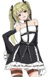 Rule 34 | 1girl, :d, absurdres, bare shoulders, black eyes, blonde hair, cowboy shot, dead or alive, dead or alive 5, detached sleeves, hand on own hip, highres, long hair, looking at viewer, marie rose, open mouth, simple background, smile, solo, teeth, thigh strap, twintails, white background, yamamoto souichirou