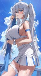 Rule 34 | 1girl, 2gong (9ujin ), absurdres, ahoge, arm strap, bare shoulders, blue eyes, breasts, choker, cloud, commission, cowboy shot, crop top, day, earrings, hair ornament, hairclip, hand up, high-waist skirt, highres, holding, holding towel, hoop earrings, huge breasts, jewelry, long hair, looking at viewer, midriff, miniskirt, open mouth, original, pleated skirt, second-party source, shirt, sideboob, skirt, sleeveless, sleeveless shirt, solo, standing, sweat, sweatband, thigh strap, thighs, towel, twintails, very long hair, white choker, white hair, white shirt, white skirt