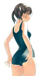 Rule 34 | 1girl, adjusting clothes, adjusting swimsuit, ass, bare arms, bare shoulders, black hair, black one-piece swimsuit, brown eyes, commentary request, from behind, koutaro, looking away, one-piece swimsuit, original, parted lips, profile, school swimsuit, simple background, solo, swimsuit, tan, tanline, twintails, wet, white background