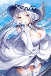 Rule 34 | 1girl, aircraft, airplane, azur lane, bad id, bad pixiv id, bare shoulders, blue eyes, blue sky, blunt bangs, blush, boba, breasts, crystal, day, detached collar, dress, elbow gloves, finger to mouth, garter straps, gloves, hat, highres, illustrious (azur lane), large breasts, long hair, looking at viewer, low twintails, mole, mole under eye, shiny skin, sky, smile, standing, strapless, strapless dress, sun hat, thighhighs, twintails, white dress, white gloves, white hair, white hat, white thighhighs