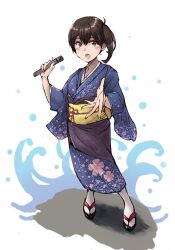 Rule 34 | 1girl, alternate costume, blue kimono, brown eyes, brown hair, commentary request, full body, highres, japanese clothes, kaga (kancolle), kantai collection, kimono, ld (luna dial398), long hair, microphone, music, obi, sandals, sash, side ponytail, simple background, singing, solo, white background, zouri