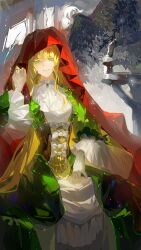 Rule 34 | 1girl, absurdres, audrey hall, blonde hair, brown corset, chinese commentary, cloak, commentary request, corset, dress, frilled sleeves, frills, gem, gloves, green dress, green eyes, green gemstone, hand in own hair, highres, leaf, lips, long hair, looking at viewer, lord of the mysteries, outdoors, partially shaded face, red cloak, rengongfuyou, sitting, smile, solo, white gloves