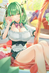 Rule 34 | 1girl, alternate costume, antlers, blurry, blurry background, blurry foreground, boku no edamame, bow, breasts, ceres fauna, cleavage, cup, detached collar, feet out of frame, flower, food, fruit, grey hair, highres, holding, holding food, holding fruit, hololive, hololive english, horns, hug, lemon, long hair, maid, oversized food, oversized object, partially submerged, peach, pink bow, smile, solo, two side up, virtual youtuber, yellow eyes