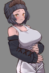 Rule 34 | 1girl, a888 n22, absurdres, animal costume, black hair, blush, breasts, brown hair, closed mouth, elbow gloves, gloves, gorilla (kemono friends), grey background, hat, highres, kemono friends, large breasts, looking at viewer, multicolored hair, orange eyes, pants, shirt, short hair, simple background, solo, tank top, white pants, white shirt