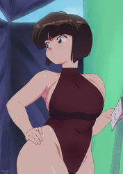 Rule 34 | 1girl, alternate breast size, blue sky, breasts, brown eyes, brown hair, casual one-piece swimsuit, commentary request, dated, hand on own hip, highleg, highleg swimsuit, highres, holding, holding notebook, large breasts, looking to the side, mage (harumagedon), notebook, one-piece swimsuit, ranma 1/2, retro artstyle, short hair, signature, sky, solo, swimsuit, tendou nabiki
