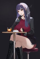 Rule 34 | 1girl, absurdres, alcohol, ankle boots, ashtray, black background, black footwear, black jacket, black nails, blue hair, blunt bangs, boots, breasts, cigarette, commission, crossed legs, cup, drinking glass, highres, holding, holding cigarette, jacket, large breasts, long hair, looking at viewer, open mouth, original, palzden, red eyes, red sweater, ribbed sweater, simple background, sitting, smoking, solo, sweater, teeth, upper teeth only, whiskey