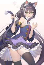 Rule 34 | 1girl, absurdres, animal ear fluff, animal ears, armpits, bare shoulders, black hair, black thighhighs, cat ears, cat girl, cat tail, detached sleeves, dress, flat chest, frilled dress, frills, gold trim, green eyes, hair between eyes, highres, karyl (princess connect!), long hair, looking at viewer, looking back, low twintails, multicolored hair, open mouth, princess connect!, purple dress, solo, standing, streaked hair, tail, teffish, thighhighs, twintails, very long hair, wide sleeves, zettai ryouiki