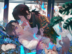 Rule 34 | 1boy, 1girl, animal, bare shoulders, black hair, blue eyes, blurry, blurry foreground, breasts, bug, butterfly, butterfly hair ornament, cat, chain, closed mouth, collarbone, couple, depth of field, earrings, eye contact, face-to-face, field, flower, flower field, fuwaffy, glowing butterfly, gold chain, gradient hair, hair ornament, hair tie, half-closed eyes, haori, hetero, holding, holding person, imminent kiss, insect, japanese clothes, jewelry, kimetsu no yaiba, kochou shinobu, lace, long sleeves, looking at another, lying, medium breasts, multicolored hair, multiple cats, on back, parted bangs, plunging neckline, ponytail, puffy long sleeves, puffy sleeves, purple eyes, ring, smile, tomioka giyuu