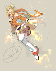 Rule 34 | !, !!, 1girl, animal ears, bare shoulders, breasts, cleavage, denchuubou, flaming hand, fox ears, fox tail, garter belt, garter straps, grey background, groin, jacket, jumping, light brown hair, open mouth, original, panties, scarf, short hair, sketch, solo, tail, underwear, white legwear, yellow eyes