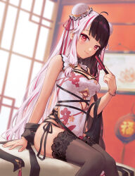 Rule 34 | 1girl, absurdres, ahoge, animal print, bell, black hair, blush, breasts, bun cover, chest strap, china dress, chinese clothes, cleavage, closed mouth, clothing cutout, covered navel, dot nose, double bun, dress, eyeshadow, folding fan, hair bell, hair bun, hair ornament, hand fan, highres, holding, holding fan, jingle bell, lace, lace-trimmed thighhighs, lips, long hair, looking at viewer, makeup, medium breasts, minato (haexxxmint), multicolored hair, navel cutout, nijisanji, pelvic curtain, print dress, rabbit print, red eyes, red eyeshadow, red hair, sitting, smile, solo, split-color hair, streaked hair, tassel, tassel hair ornament, thighhighs, two-tone hair, underboob cutout, very long hair, virtual youtuber, white dress, white hair, yorumi rena, yorumi rena (10th costume)