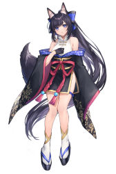 Rule 34 | 1girl, animal ears, bare shoulders, black hair, blue eyes, breasts, commentary request, coyucom, fox ears, fox girl, full body, gloves, highres, long hair, looking at viewer, medium breasts, original, sandals, simple background, socks, solo, very long hair, white background