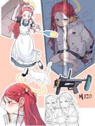 Rule 34 | 2girls, apron, aris (blue archive), black dress, blue archive, blue eyes, blush, cat, coat, dress, duster, gun, hair between eyes, halo, highres, locker, long hair, long sleeves, maid headdress, multiple girls, multiple views, official alternate costume, open mouth, ponytail, red hair, sandals, shoes, short sleeves, simple background, squatting, standing, sweat, umiwashi, weapon, white apron, white coat, white footwear, yuzu (blue archive), yuzu (maid) (blue archive)